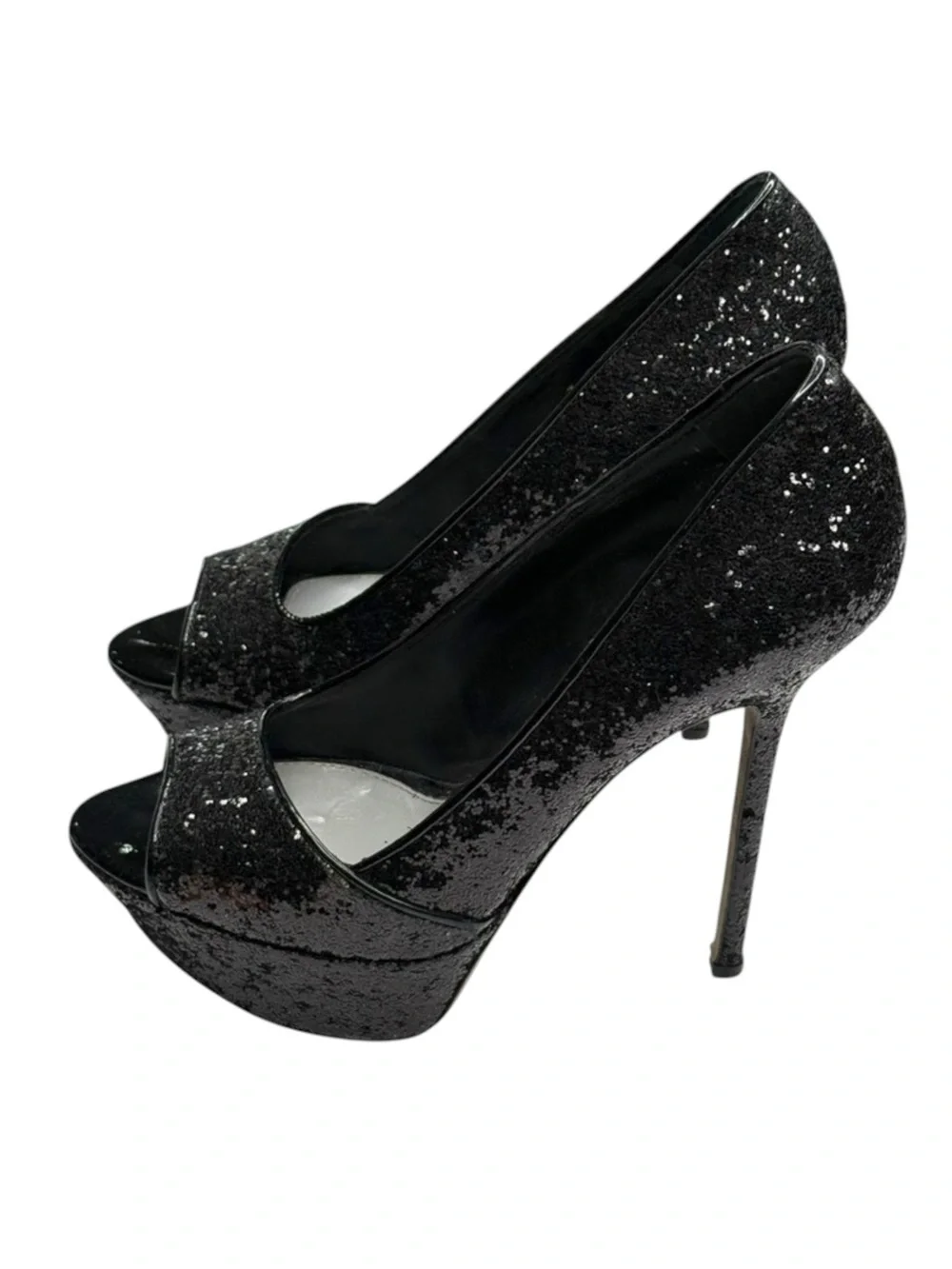 Sergio Rossi 𒀭Boston Glitter Peep Toe Platform Sky High Stiletto Pumps 𒀭Black 38